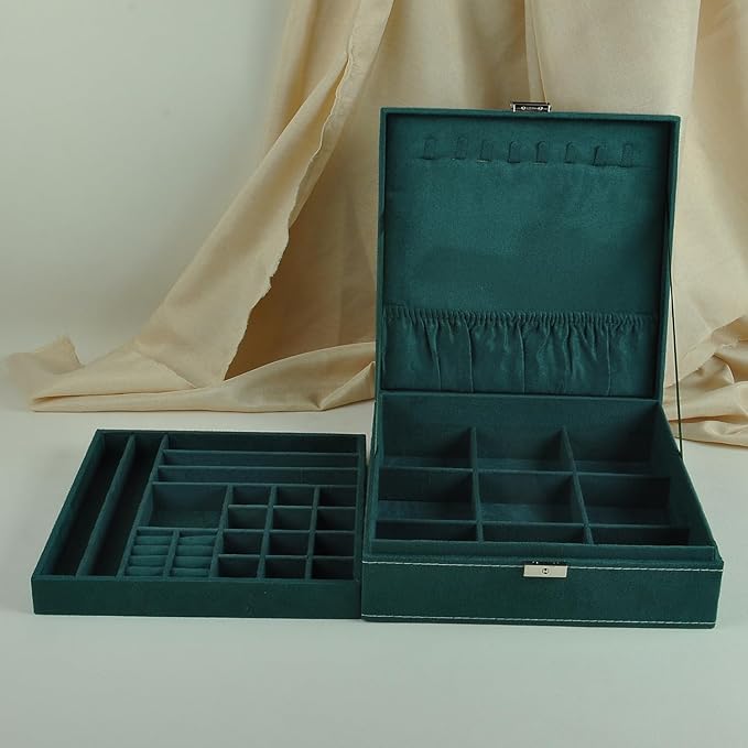 Jewelry Boxes 10 x 10 Inches 2-layer Handle Necklace Holder Organizer Jewellery Women Rings Storage Display Girls Earrings Case Lockable Jewelry Tray GY641 (Green)