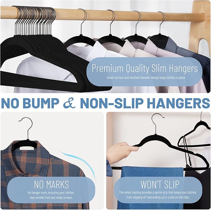 HOUSE DAY Black Velvet Hangers 240 Pack, Velvet Clothes Hangers Non Slip Felt Hangers, Heavy Duty Coat Hangers for Closet, Ultra Slim Hangers Black Hangers Space Saving Hangers for Suits, Shirt