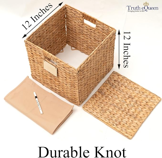 Water Hyacinth Storage Baskets For Organizing, Wicker Baskets For Storage Cube Organizer, Rattan Basket Set, Woven Basket Organizer, Canastas Para Organizar, Cube Shelf, Cubes Bins 12x12 In, 4 Psc