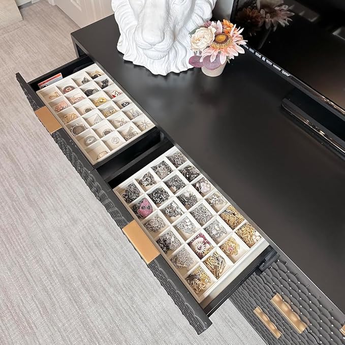 Coward 2PC Stackable 24 Gird Jewelry Organizer Tray Necklace Earring Box Storage Drawer Ring Bracelet Display Holder (beige(24grid+24grid))