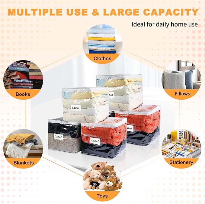 Clear Zippered Storage Bags Plastic Sweater Storage Bags with Zipper 6 Packs Clothing Organizer for Blankets Linen Sweater Bed Sheet Quilt Clothes Pillow (12 x 12 x 12 Inch)