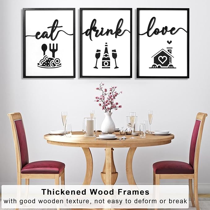 3D Wood Dining Room Wall Decor, Framed Kitchen Pictures Wall Art for Dining Room Wall Decor(Ready to Hang, 12x16 inches, Set of 3, Framed)