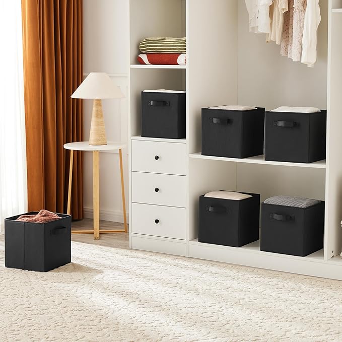 MAX Houser Fabric Cloth Storage Bins,Foldable Storage Cubes Organizer Baskets with Dual Handles for Home Bedroom Storage,Set of 6(Black)