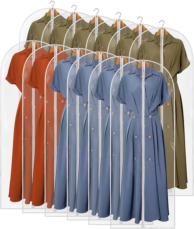60" Dress Bags for Gowns, 12 Packs All Clear Garment Bags for Hanging Clothes, Plastic Waterproof Dress Cover with Zipper for Dresses, Coats, Uniforms (Set of 12)