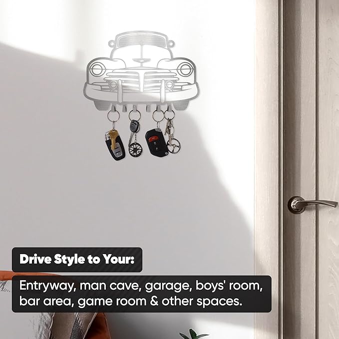 MOOH Metal Automotive Key Holder with 6 Hooks - Unique Wall Mounted Car Lovers Gifts for Men & Women - Cool Man Cave Decor
