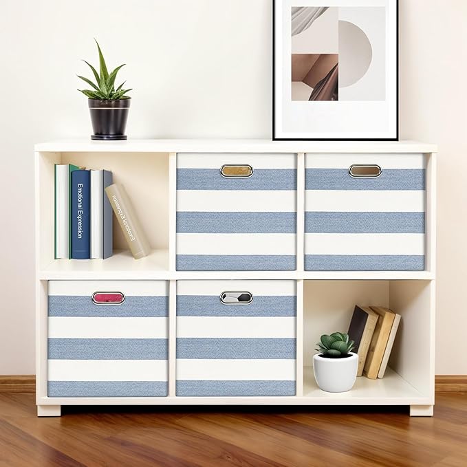 11x11 Cube Storage Bins, Collapsible Fabric Storage Cubes, Cubby Storage Organizer Bins Striped Container Baskets for Organizing Home Office Wardrobe Closet Shelf, Pack of 4, Blue/White