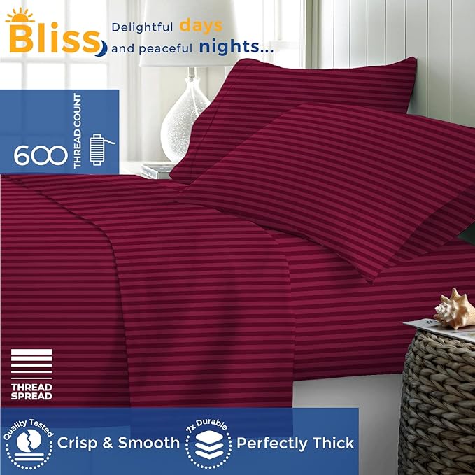 THREAD SPREAD Luxury Egyptian Cotton Twin Stripe Sheet Set - 600 Thread Count Extra Long Staple 3 PC Set, Twin Damask Sheets, Soft, Cooling Sateen Weave Striped Sheets Upto 18" Deep Pocket - Burgundy
