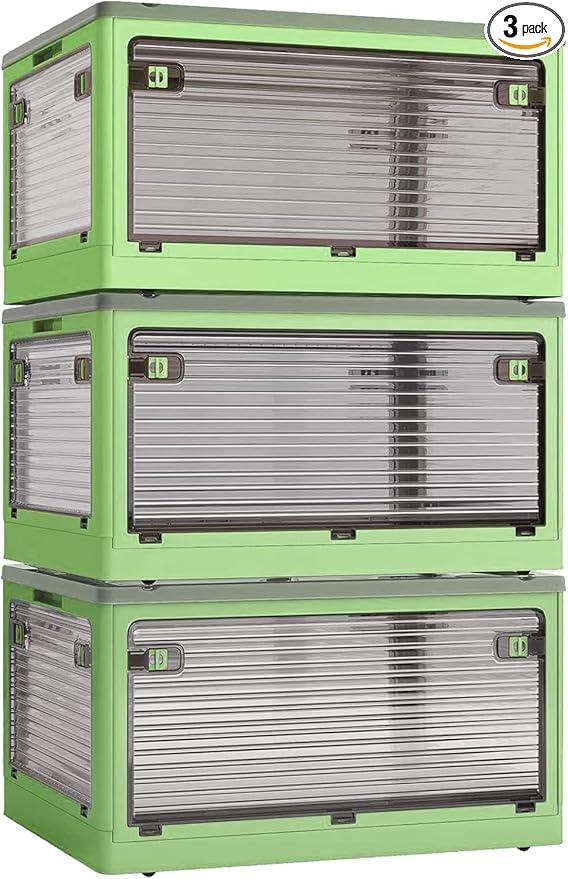 3 PACK Stackable Storage Bins, 83 Liters Closet Organizers with 3 Lids, Wheels, Drawers, Foldable Collapsible Box for Clothes and Camping Out Doors Bins, Green