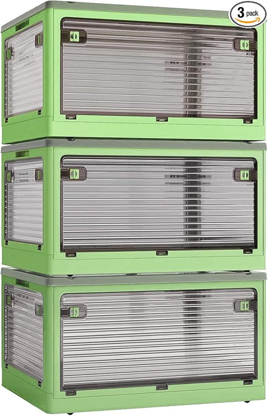 3 PACK Stackable Storage Bins, 83 Liters Closet Organizers with 3 Lids, Wheels, Drawers, Foldable Collapsible Box for Clothes and Camping Out Doors Bins, Green