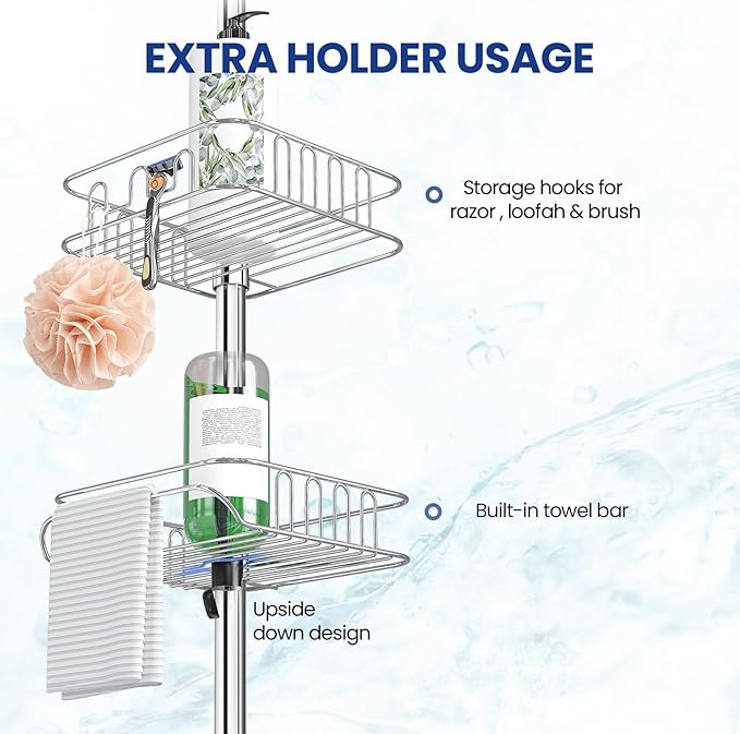 SEIRIONE Rustproof Shower Caddy Corner and Shower Organizer Corner for Bathroom,Corner Shower Caddy Tension Pole with 4 Adjustable Baskets for Shower Accessories, 34 to 116 Inch Height, Silver