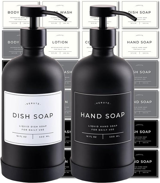 16oz Glass Soap Dispenser with Stainless Steel Pump, 21 Waterproof Labels, Non-Slip Protective Silicone Pad, Set of 2 for Bathroom & Kitchen (Matte Black Bottle/Black Pump)