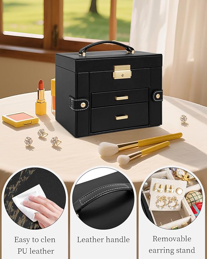 TORIBIO Jewelry Box for Women, Leather Jewelry Organizer with Mirror & Lock, 3-Tier Jewelry Storage Organizer with 2 Drawers for Girls/Women/Mothers, Necklace Earring Bracelets Holder Organizer