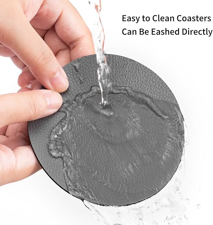 Drink Coasters with Holder, Faux Leather Coaster Sets of 12, Dual Sided for Coffee Cup Tabletop Protection Non-Slip Washable (Gray Yellow)