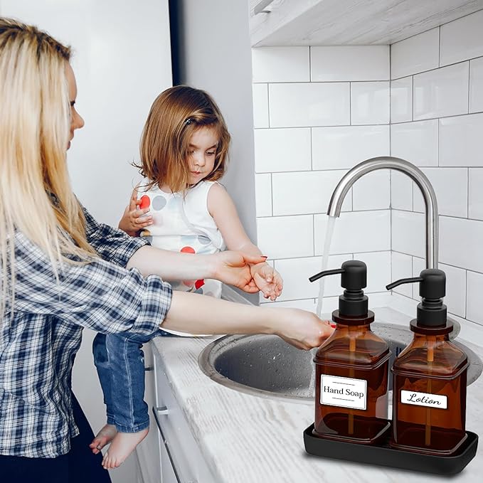 Soap Dispenser - 2 Pack, Antique Design Thick Amber Glass Hand Soap Dispensers with Sturdy Tray; 304 Rust Proof Stainless Steel Black Pump, 12Pcs Stickers, for Kitchen, Bathroom- Black
