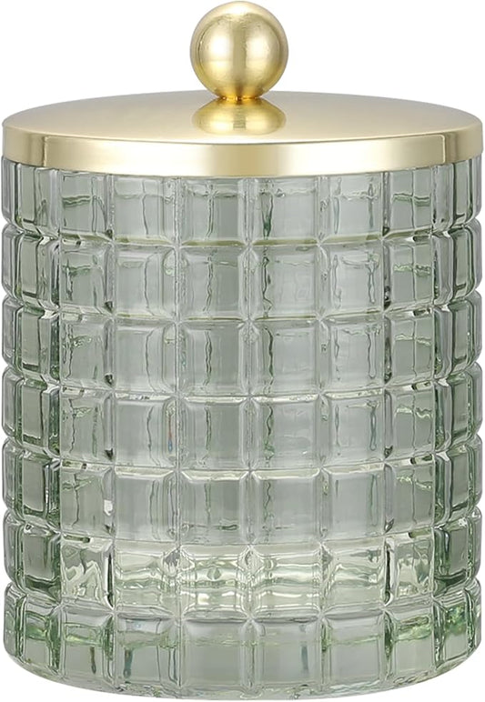 Sage Colored Tranlucent Apothecary Etched Geometric Grid Glass Jar W/Gold Metal Lid Cover for Bathroom Organization, Cotton Balls, Q Tips, and Small Accessories, Bathroom Storage