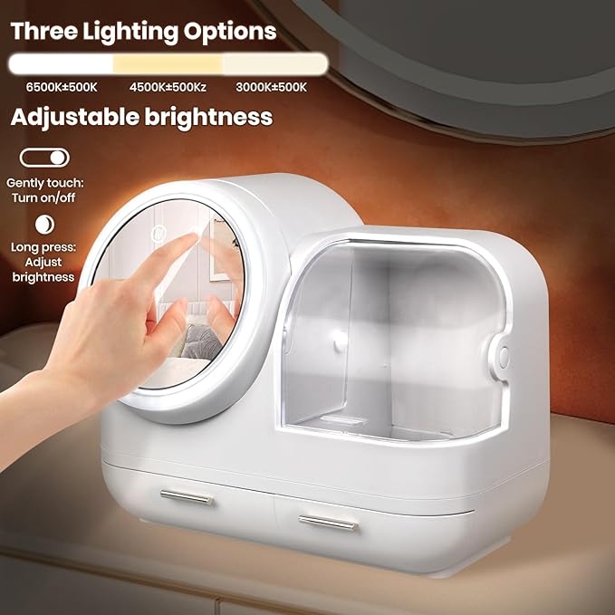 Large Makeup Organizer with Led Light and Mirror - 15" L×8.5" W×12" H Cosmetic Display Case with Fan, Desktop Makeup Box with Drawers, Skincare Storage Box for Vanity Countertop Bathroom, White