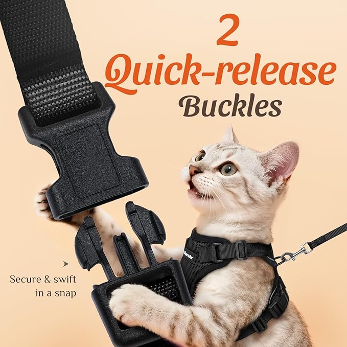 Dooradar Cat Harness and Leash Set, Escape Proof Safe Adjustable Kitten Vest Harnesses for Walking, Easy Control Soft Breathable Mesh Jacket with Reflective Strips for Cats, Black, M