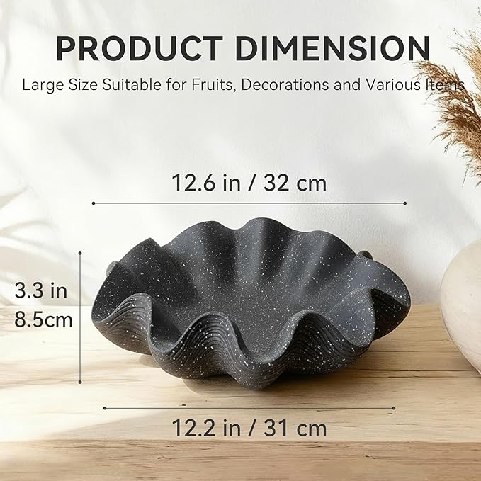 Large Decorative Bowl Home Decor - 12.6" Modern Resin Scalloped Ruffle Decorative Fruit Bowl for Kitchen Counter, Chic Key Tray for Entryway Table, Starry Black