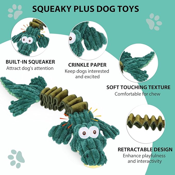 Squeaky Dog Toys for Large Dogs, Cute Puppy Toys, Plush Stuffed Pet Dog Toys with Crinkle Paper, Interactive Tug of War Dog Toys to Keep Them Busy for Small Medium Big Dogs, Green