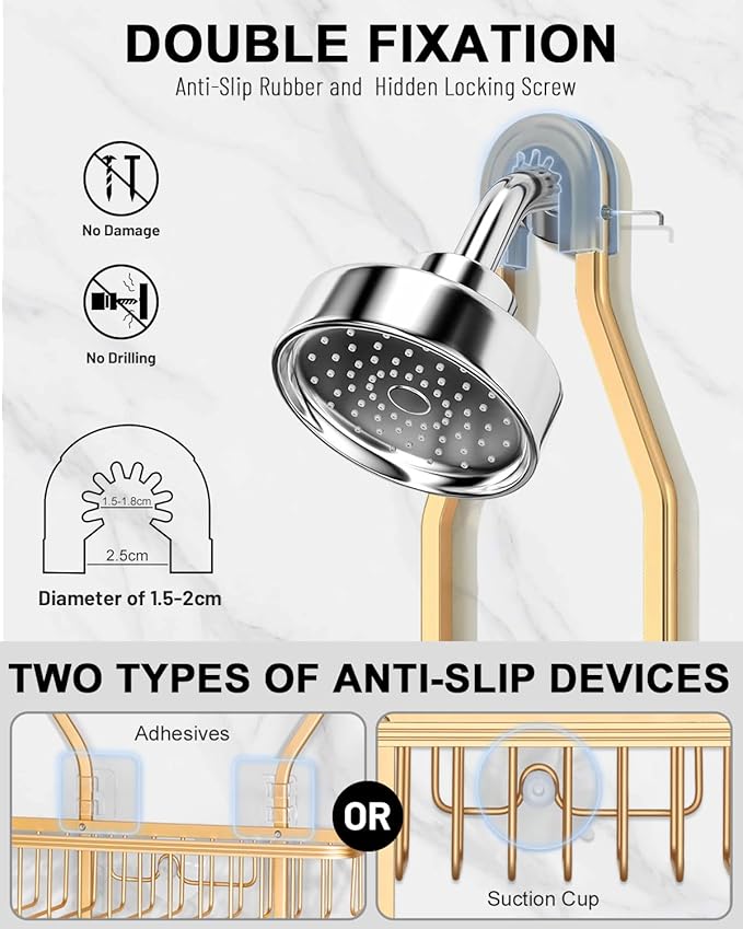 Shower Caddy Hanging - Never Rust Shower Hanging Organizer - Aluminum Over the ShowerHead Caddy with Soap Basket and 6 Razor/Sponge Hooks (Gold)