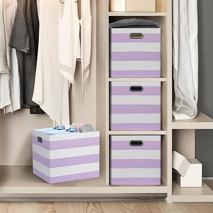 13x15x13 Storage Cube Bins, Foldable Storage Cubes, Fabric Organizer Basket Bin, Striped Containers Decorative Storage Boxes for Shelves Wardrobe Closet Home Office, 4 Pack, Purple/White