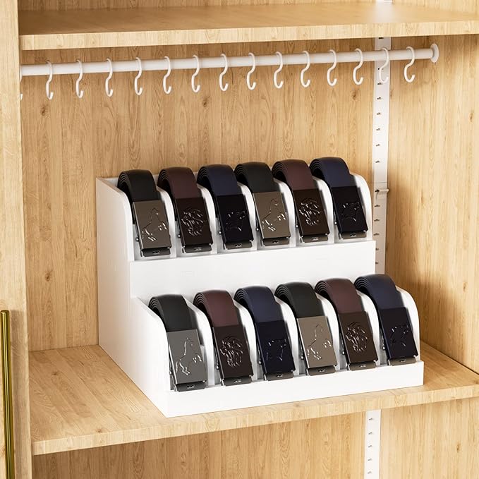 QI XING Belt Organizer - 12 Grid Belt Rack, Tie Organizer for Closet Drawer, Storage Holder Displayer for Men & Women (White)
