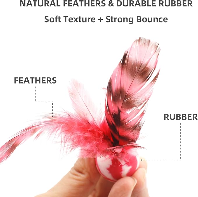 Feather Chase & Fetch Balls for Indoor Cats – 5 Pack Durable Rubber Cat Toys with Natural Feathers, Interactive Exercise & Hunting Play, Bouncy Balls for Active Kittens and Adult Cats