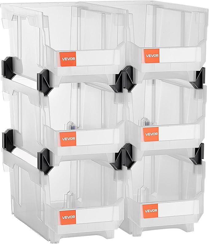 VEVOR Plastic Stackable Storage Bins, 14.8 x 8.5 x 7.1 inch (6 Pack), Plastic Containers for Organizing & Storage Bins for Closet, Garage, Small Parts, Office Supplies, Other Accessories, Transparent