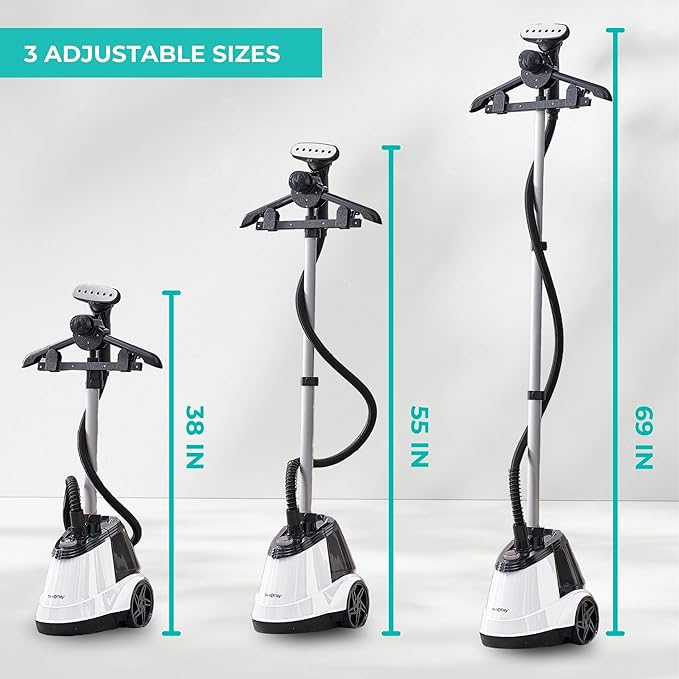 True & Tidy Heavy Duty Commercial Full Size Standing Garment Steamer for Clothes with Extra Large 2.9L (98 oz) Water Tank for 90+ mins of Steam Time, 1800 watts of Powerful Steam, 3 Settings, White