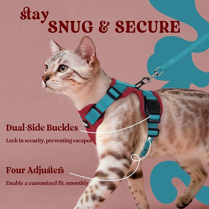 rabbitgoo Cat Harness and Leash for Walking, Escape Proof Soft Adjustable Vest Harnesses for Cats, Easy Control Breathable Reflective Strips Jacket, Red & Teal, XS