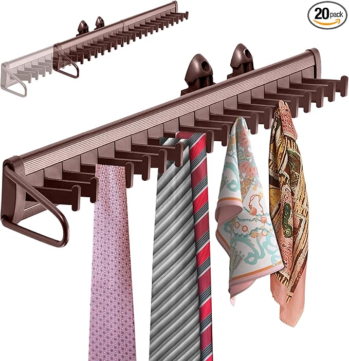 Sliding Tie Racks for Closet, 20 Tie Hanger for Men Pull Out Belt Hanger for Closet Storage Organizer with Slider, Side Mount Closet Holder Rail with 20 Hooks for Scarves Ties Belts(Brown)