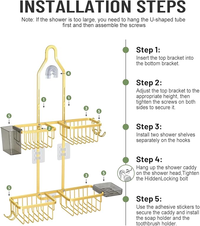 Adjustable Shower Caddy Hanging for Handheld Showerheads - Never Rust Shower Hanging Organizer, Upgraded Bathroom Shower Rack with Soap Basket, Hooks and Toothbrush Holder (Gold)