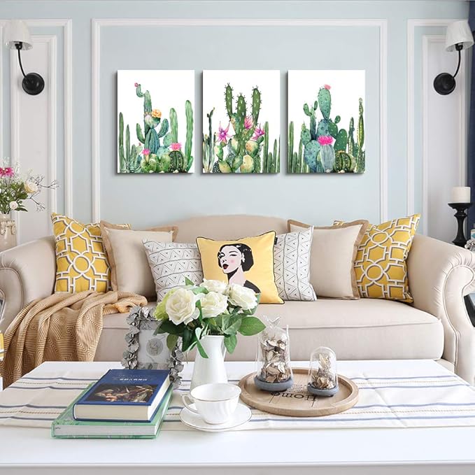 Canvas Wall Art for living room bathroom Wall Decor for bedroom kitchen artwork Canvas Prints green watercolor cactus painting 3Pieces abstract Modern framed office Home decorations family picture