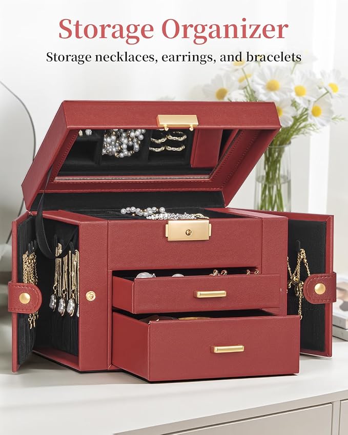 TORIBIO Jewelry Box for Women, Leather Jewelry Organizer with Mirror & Lock, 3-Tier Jewelry Storage Organizer with 2 Drawers for Girls/Women/Mothers, Necklace Earring Bracelets Holder Organizer