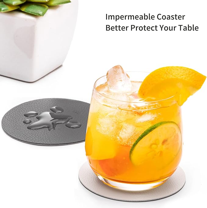 Faux Leather Coasters with Holder, Dual Sided Sets of 12, Non-Slip Washable Coasters for Coffee Tabletop Protection (Gray White)