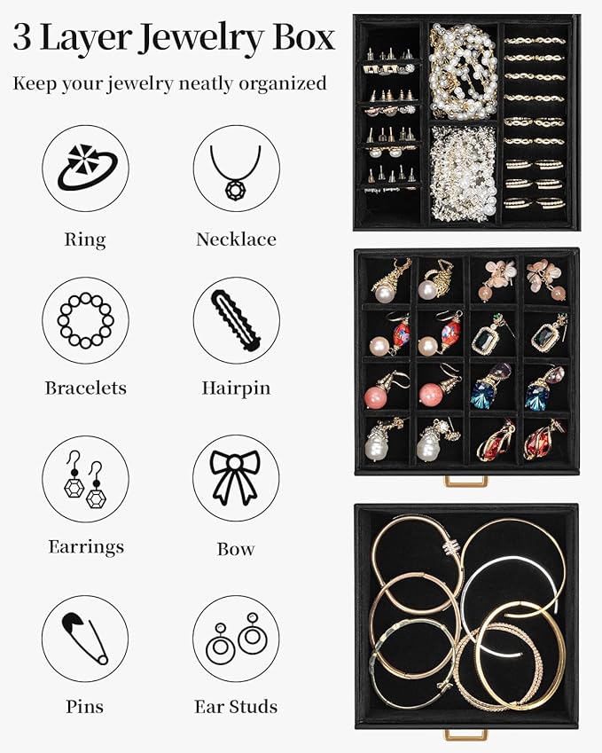 TORIBIO Jewelry Box for Women, Leather Jewelry Organizer with Mirror & Lock, 3-Tier Jewelry Storage Organizer with 2 Drawers for Girls/Women/Mothers, Necklace Earring Bracelets Holder Organizer