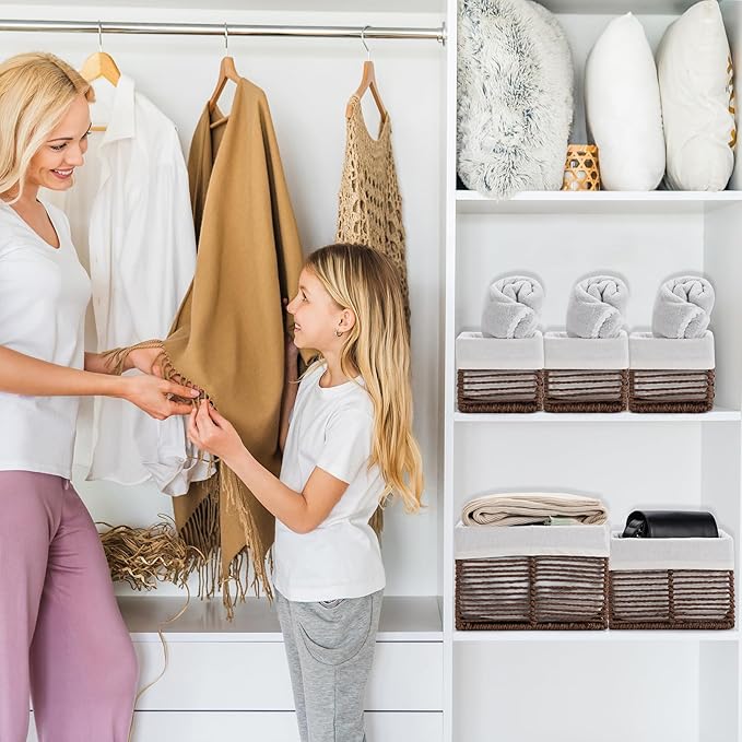 Vagusicc Wicker Storage Basket, Hand-Woven Paper Rope Woven Baskets, Rectangular Small Wicker Baskets for Organizing, Cube Storage Bins for Closet/Clothes/Dresser, Brown, 5-Pack