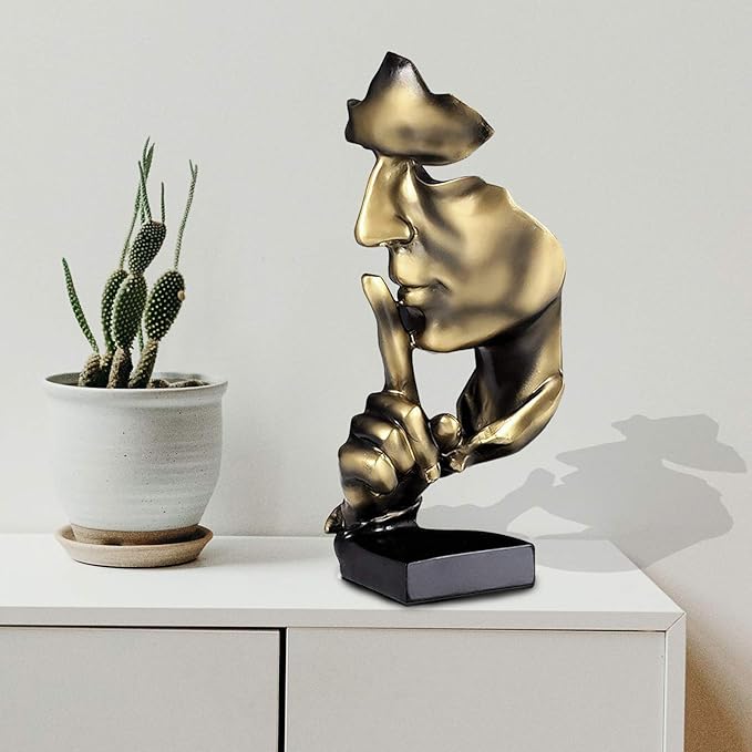 aboxoo Thinker Statue, Silence is Gold Abstract Art Figurine,Modern Home Resin Sculptures Decorative Objects,Table Top Decor for Livingroom Home Decor,Office Study Sculpture,Shh mask Statue(Gold)