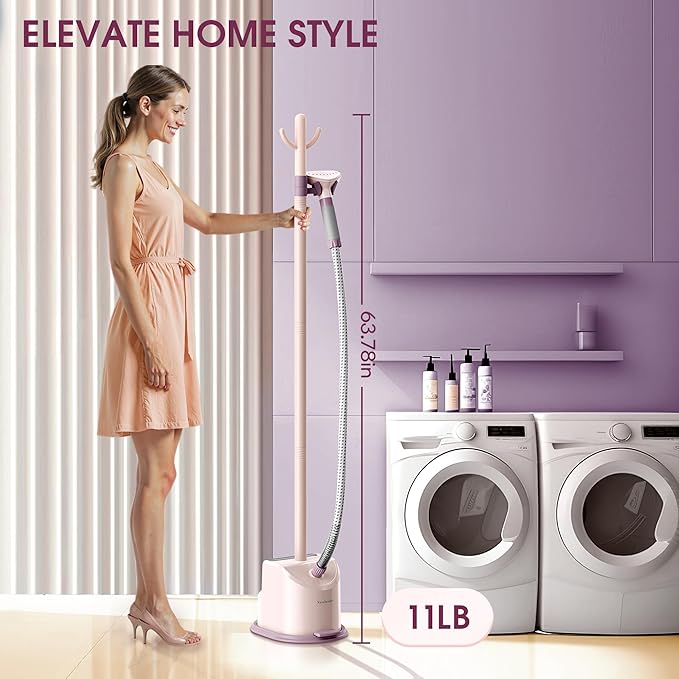 Newbealer Standing Garment Steamer - 1500W Full-Size Vertical Clothes Steamer with Foot Pedal, 57.5oz (1.7L) Large Water Tank, 45s Fast Heat-Up, 50-Min Powerful Steaming, Auto-Off (Pink)