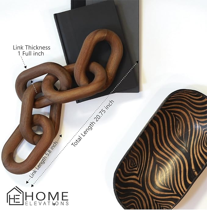 Acacia Wood Chain Link Decor- Brown with Subtle Red Undertone Decorative Chain Links for Coffee Table, Book Shelves, & Racks - Modern Rustic Home Decor Gift Ideas for Housewarming & Wedding