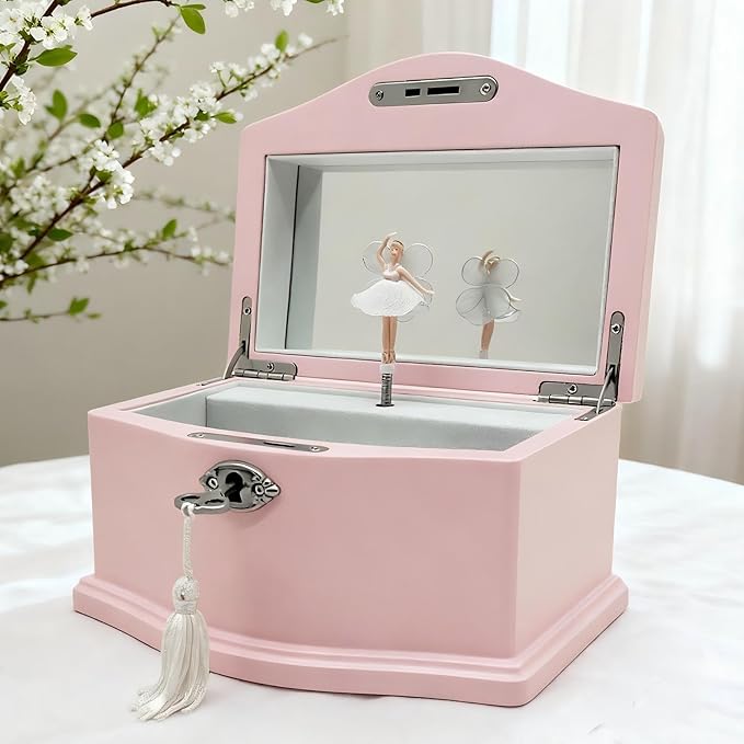 Ballerina Musical Jewelry Box with Mirror Lock for Girls Wooden Jewelry Storage Music Chest Perfect Gifts for Kids,Great gifts for Christmas and all Holidays (Pink-M)