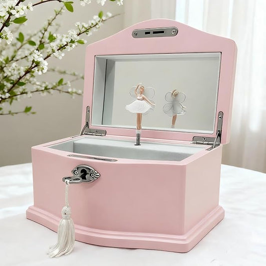 Ballerina Musical Jewelry Box with Mirror Lock for Girls Wooden Jewelry Storage Music Chest Perfect Gifts for Kids,Great gifts for Christmas and all Holidays (Pink-M)