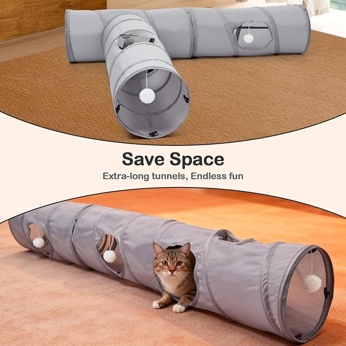 Cat Tunnel 3 Straight Shaped Pet Tunnels, Tube Cat Toys 6 DIY Shapes with Wand Toys, Scratch Resistant Collapsible Cats Tubes for Indoor Puppy, Kitten, Rabbit Silver 82in