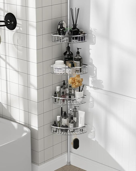 Corner Shower Caddy Tension Pole: Aluminum Shower Caddy Rod with Stainless Steel 4 Adjustable Rustproof Shelves Organizer for Bathroom, 47-121 inch, No Drilling, Quick Installation, Heavy Duty