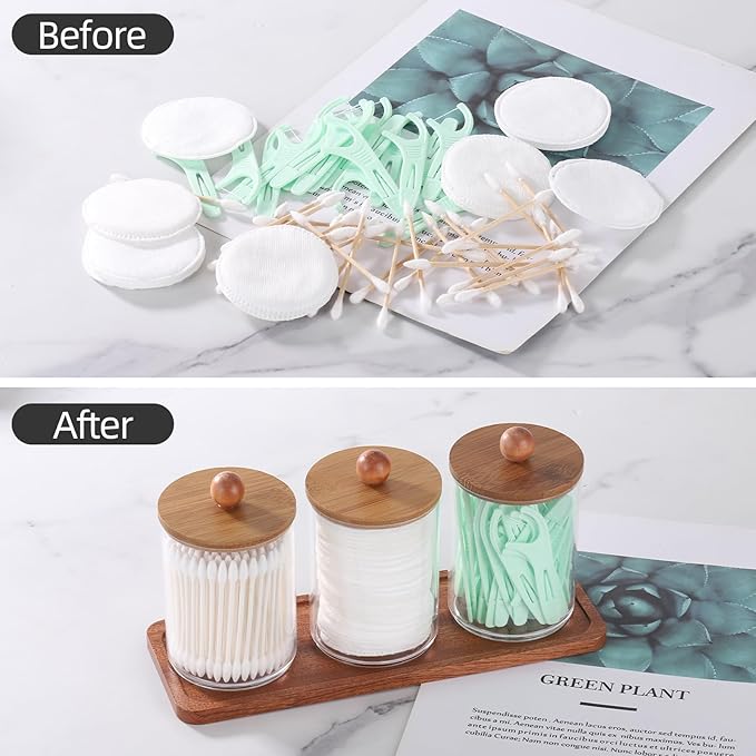 Tbestmax Qtip Holder with Vanity Tray, Clear Bathroom Containers Dispenser for Storage Cotton Swab/Ball/Pad Holder Wood Lids