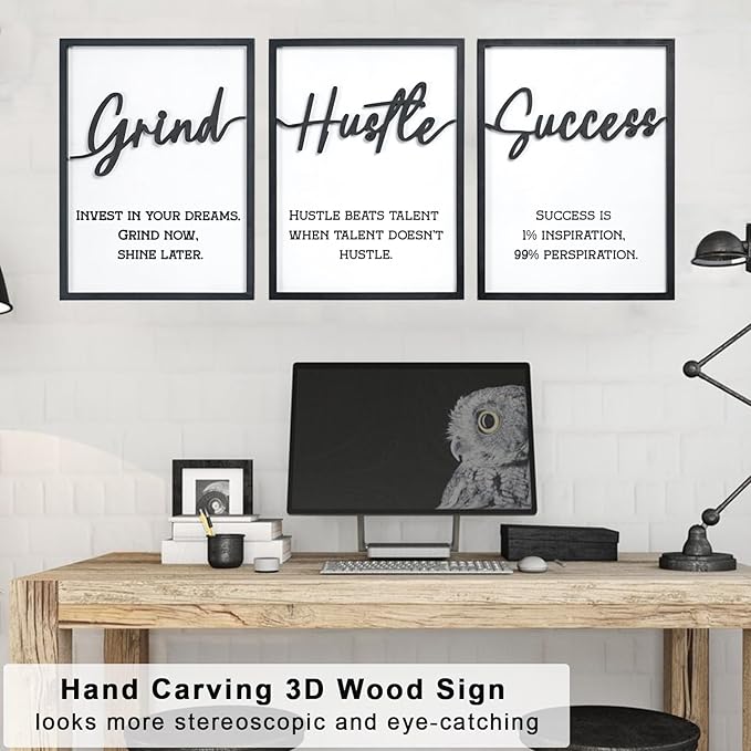 3D Wood Inspirational Office Wall Decor, 36" x 16" Framed Grind Hustle Success Motivational Wall Art, Positive Quotes Wall Art for Home Office Bedroom (Ready to Hang, Set of 3, Framed)