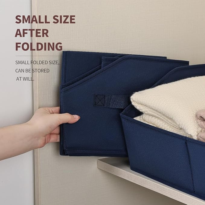 Clothes Organizers and Storage - Fabric Storage Bins with Handles, Storage Baskets for Organizing, Trapezoid Storage Cubes for Blankets, Towels, Office, 6 Pack, Navy Blue