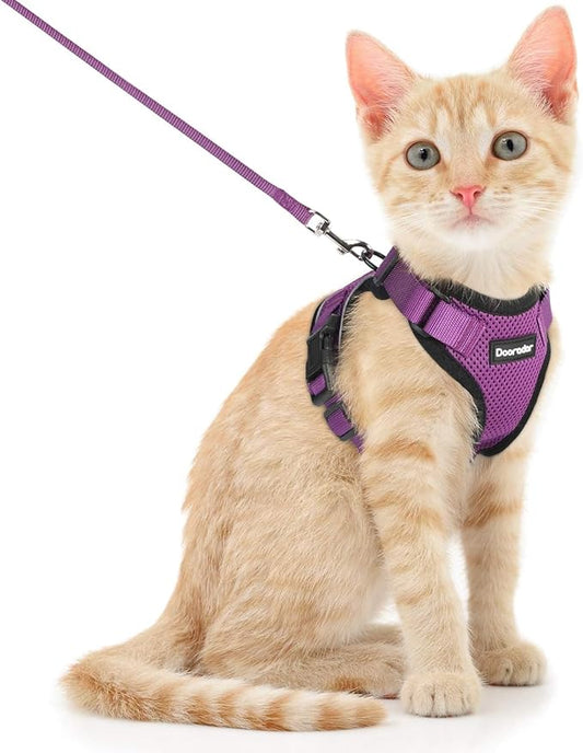 Dooradar Cat Harness and Leash Set, Escape Proof Safe Adjustable Kitten Vest Harnesses for Walking, Easy Control Soft Breathable Mesh Jacket with Reflective Strips for Cats, Purple, S
