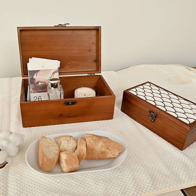 Wooden Storage Boxes Set of 2 with White Inlay Lid – Decorative Keepsake Boxes with Metal Latch, Rustic Wooden Organizer for Jewelry, Photos, Crafts, and Home Decor