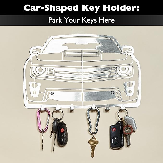 MOOH Car Key Holder for Wall - Metal Automotive Key Holder with 6 Hooks - Unique Car Gift for Men, Women, Car Lovers & Enthusiasts - Cool Man Cave Decor (Chevy Camaro 2014, Stainless Steel)